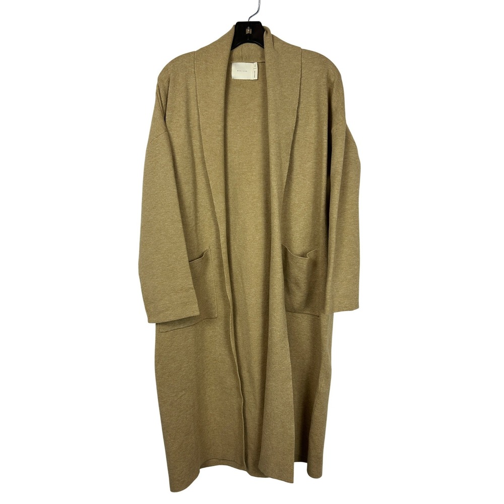 All Row Tan Camel Open Front Longline Duster Cardigan Sweater Pockets Small